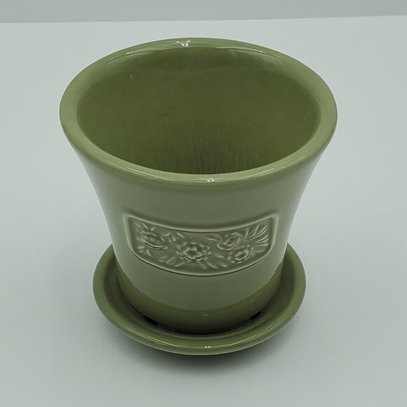 Longaberger Pottery Sage Green May Series Peony Flower Pot with Attached Saucer - Picture 2 of 8